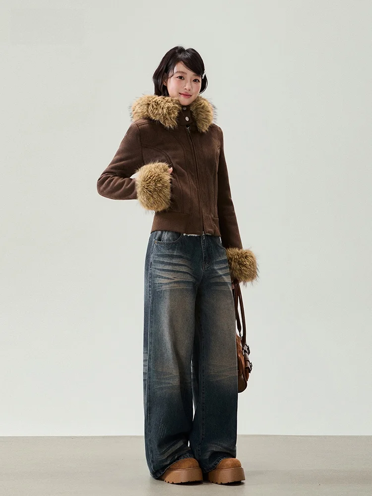 Jaqueta Feminina Marrom de Camurça Forrada com Gola de Pele, Estilo Retrô Americano, Casaco Curto Branco para Outono/Inverno