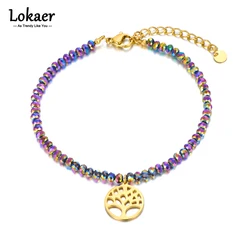 Lokaer Titanium Stainless Steel Chain Link Bracelet Trendy 18K Gold Plated Colorful Crystal Tree Charm Bracelet For Women B22028