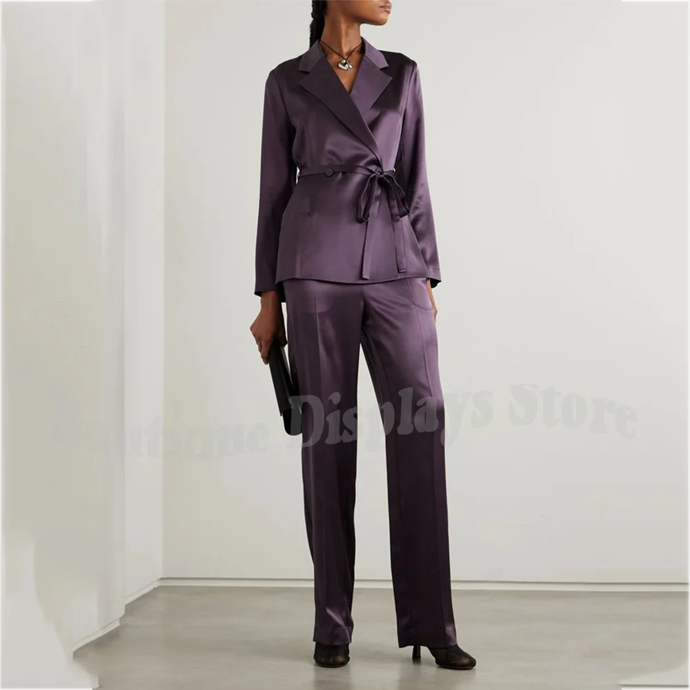 

Stylish Satin Women Suit Two Pieces(Jakcet+Pants) With Belt Double Breasted Notch Lapel Solid Color Elegant Outfit Modern Style