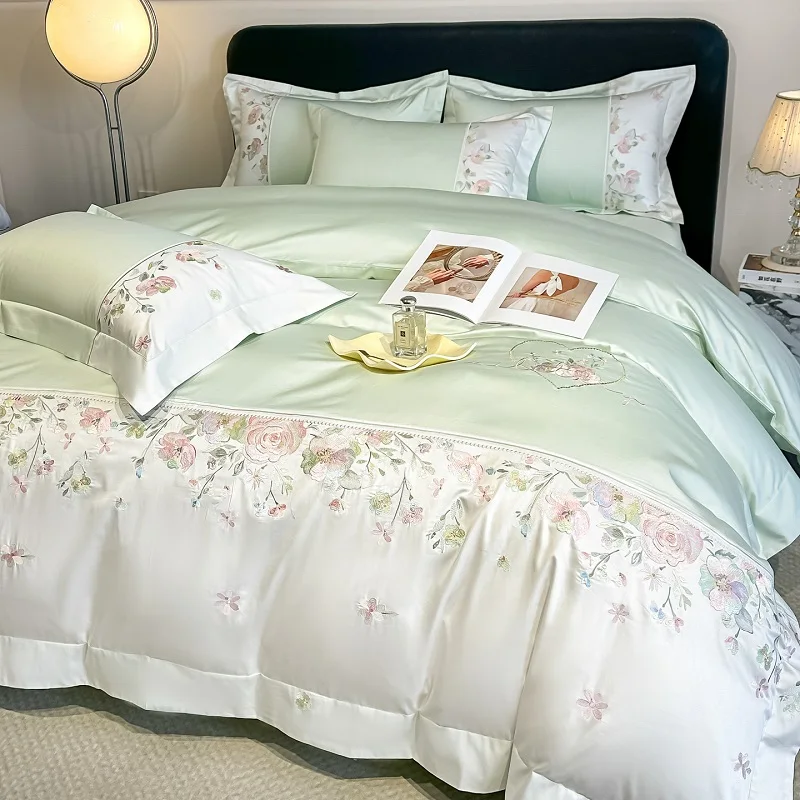 100% Cotton Chic Flowers Embroidery Luxury Double Queen King Size Bedding Set Duvet Cover Flat/Fitted Bed Sheet Pillowcases 4Pcs