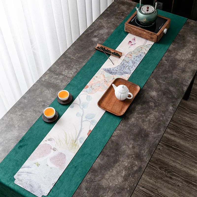 Chamois Leather Flannel Tea Mat Hand-Painted Printed Landscape Fabric Waterproof Table Runner Chinese Tea Towel Mat Tea Napkin