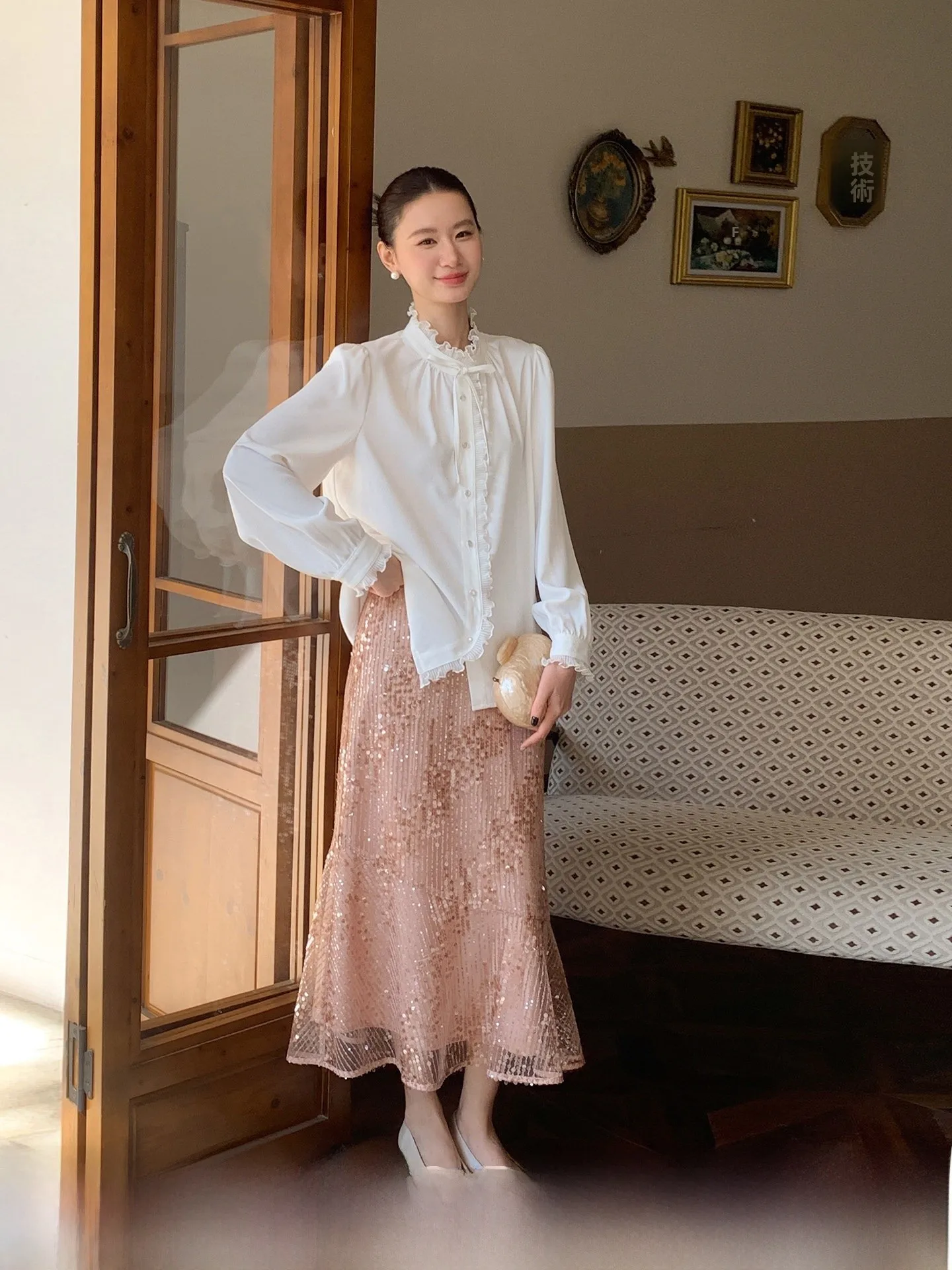 

XXNING Sequin Embroidery A-Line Skirt Women's High Waist Slimming Fashionable Midi Skirt Spring Summer New Arrival