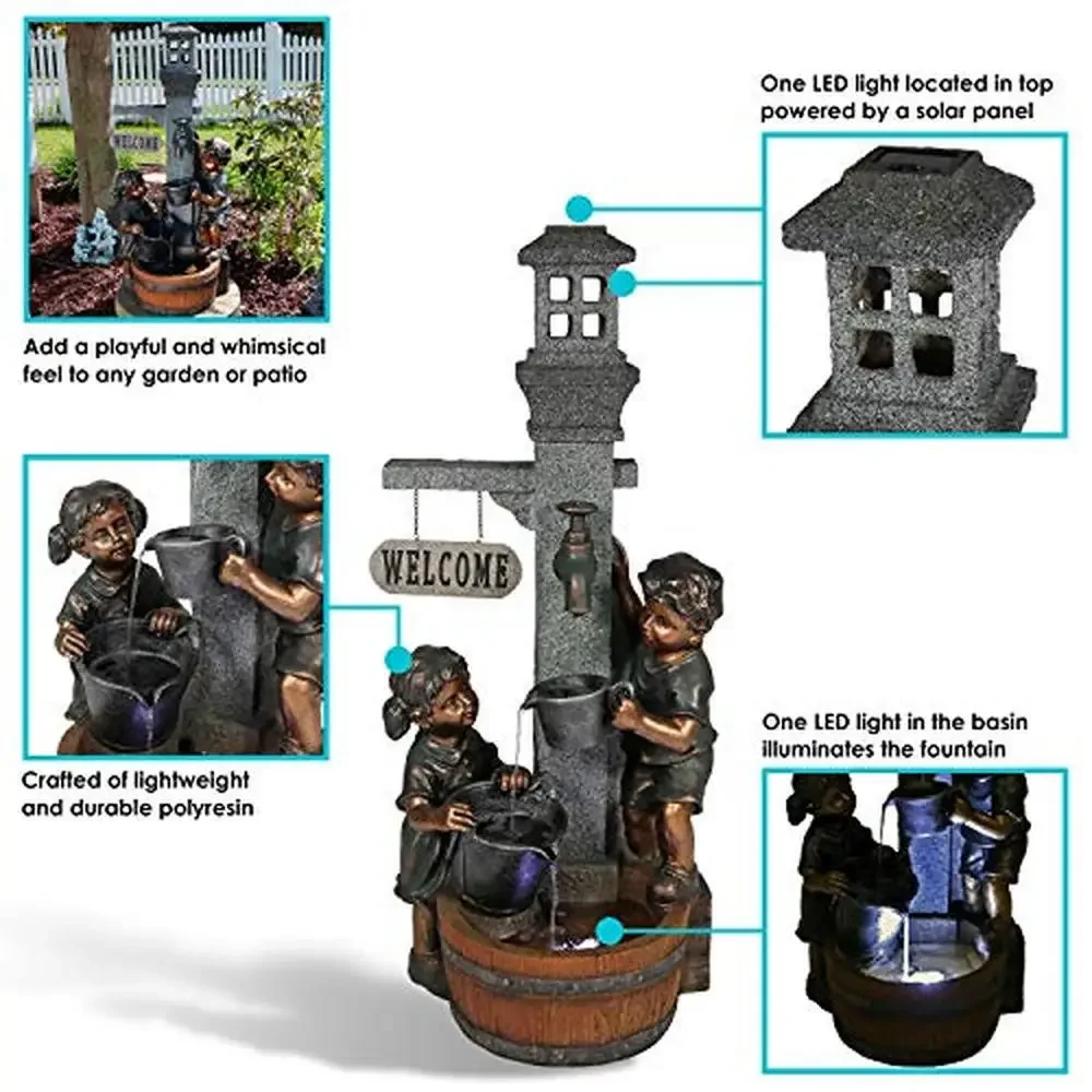 LED Outdoor Fountain with Children Statue Rustic Water Feature with Soothing Sounds