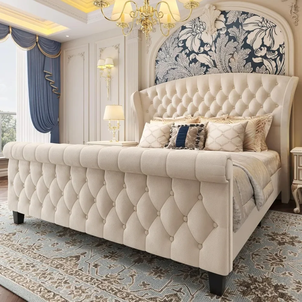 

Platform Bed Frame, 52.5" Tall Velvet Upholstered Sleigh Bed with Scroll Wingback Headboard & Footboard/Button Tufted