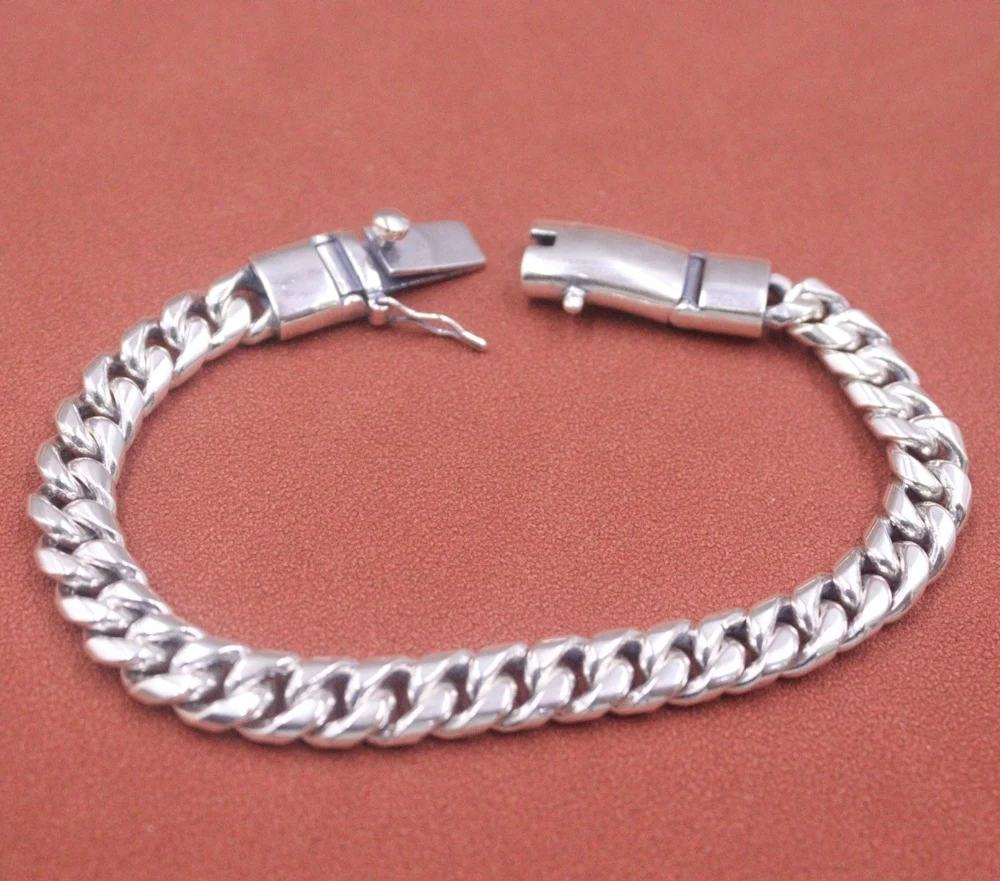 

Real Solid 925 Sterling Silver Chain Men Lucky Simple Glossy Cuban Curb Link Bracelet 40-41g