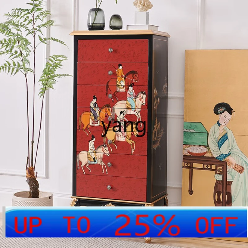 LTT retro style red solid wood bedroom five bucket storage drawer cabinet