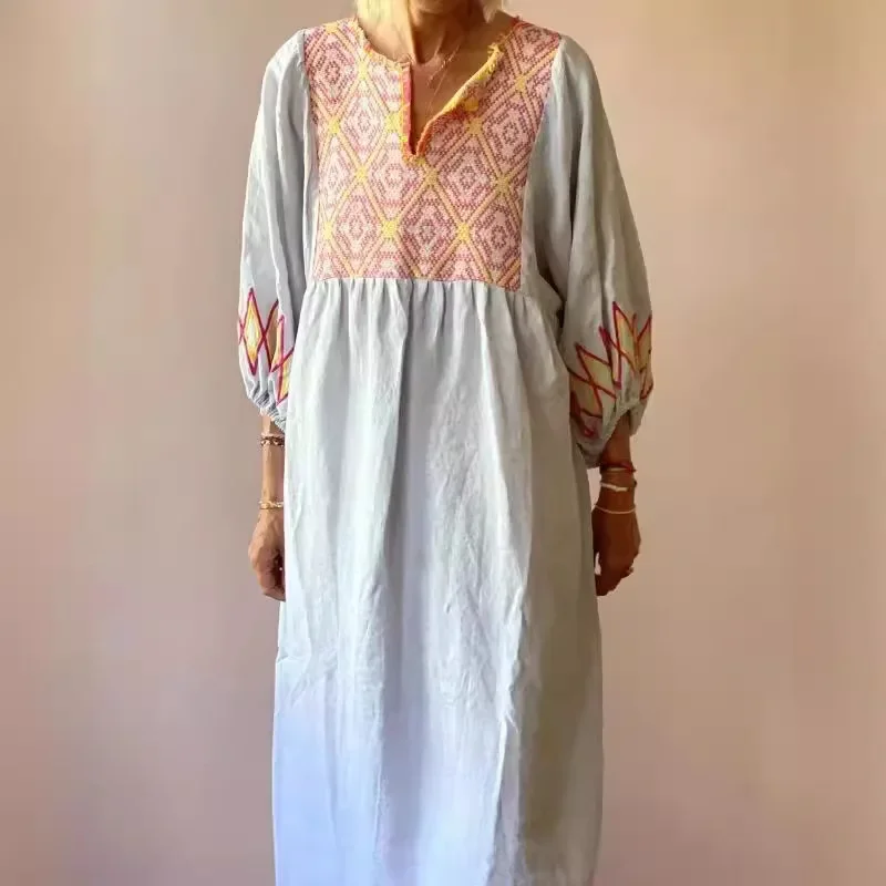 

Spring Summer Pattern Printed Patchwork Women's Dress Sexy V Neck Pleated Beach Dress Fashion Long Sleeved Loose Bohemian Dress