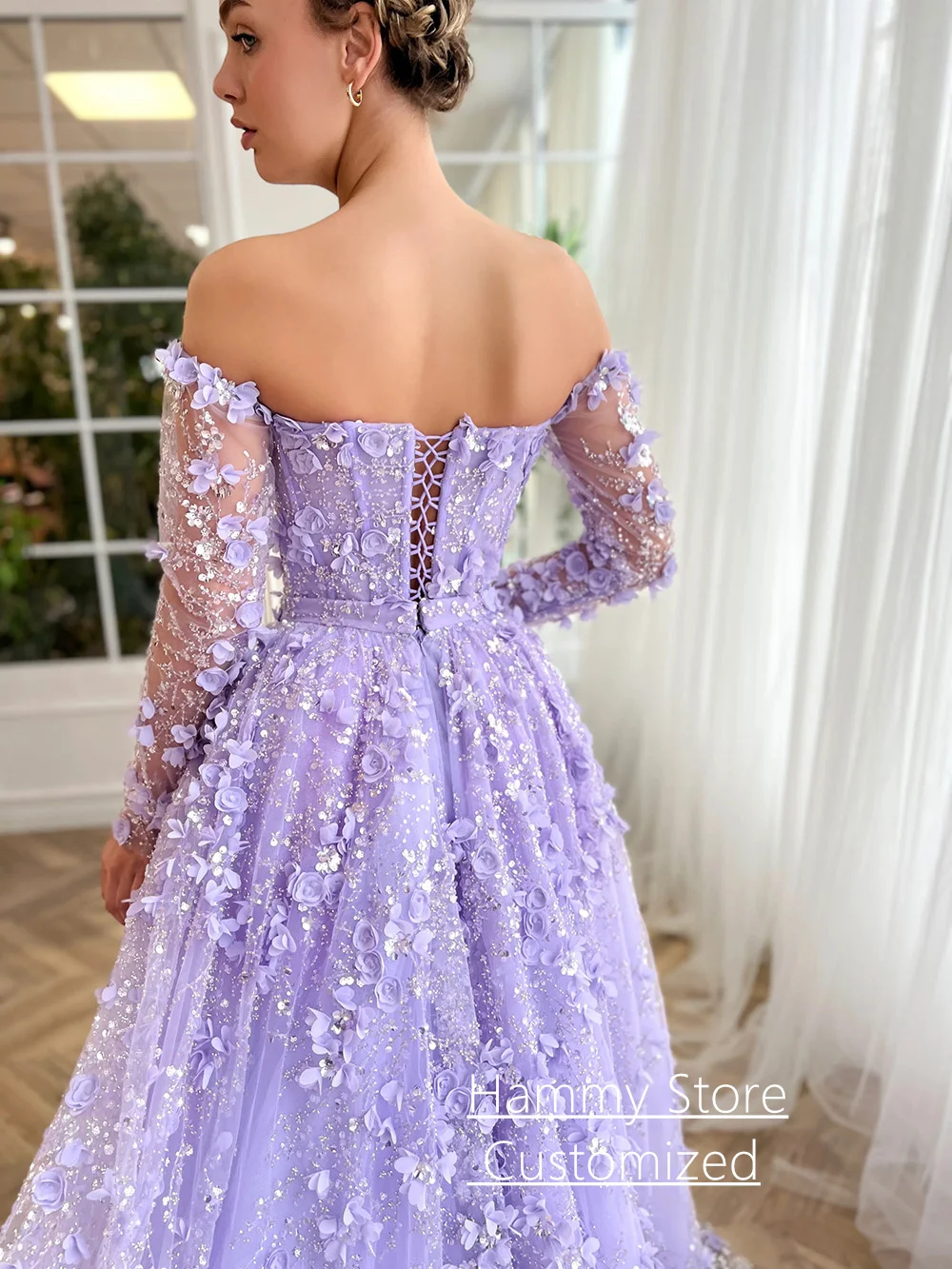 Lilac Evening Dress Customized Luxury Boat Neck Long Sleeves Beading Flower Lace Prom Gown with Deatachable Train Party Dress