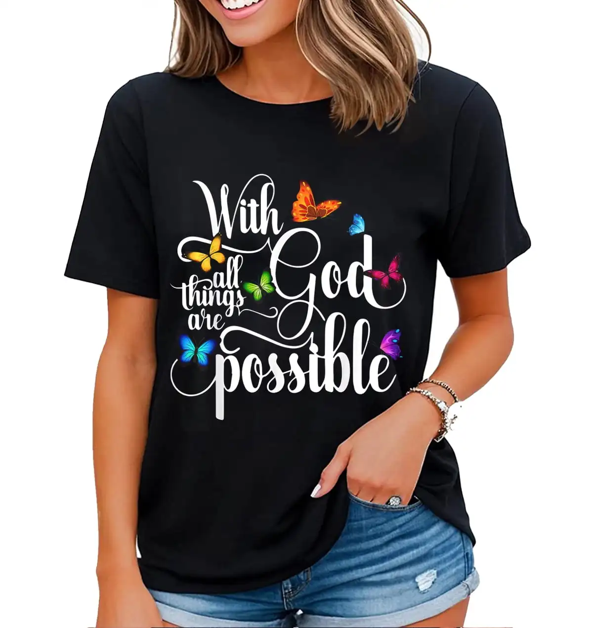 With God All Things Are Possible Women T-shirt Butterfly Graphic Faith Shirt Summer Short sleeved Harajuku streetwear Tops Tees
