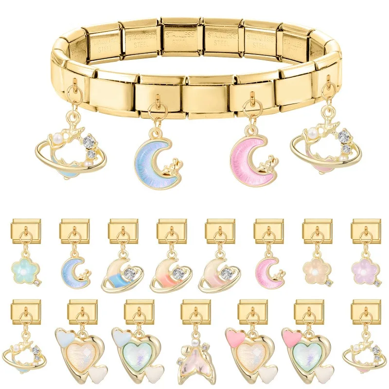 Gold Color Vintage Round Seal Flowers Tulip Pendant Italian Charm Link Fit 9mm Bracelet Stainless Steel Women DIY Making Gifts