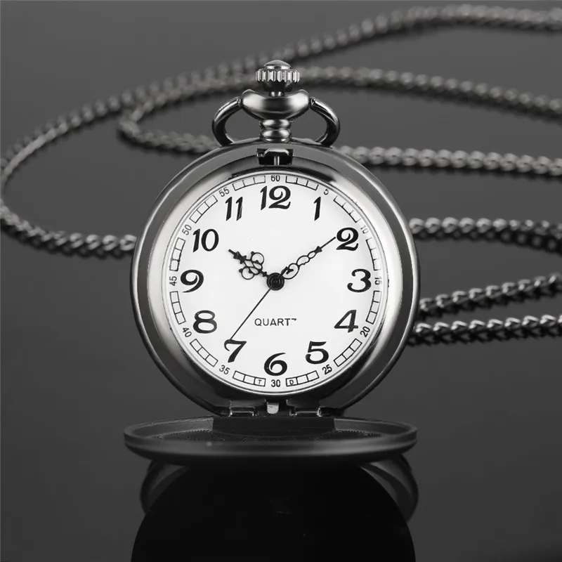 빈티지 매트 블랙 실버 풀 헌터 커버, 유니섹스용 쿼츠 포켓 시계 목걸이 펜던트 체인, 아랍어 숫자 시계 선물