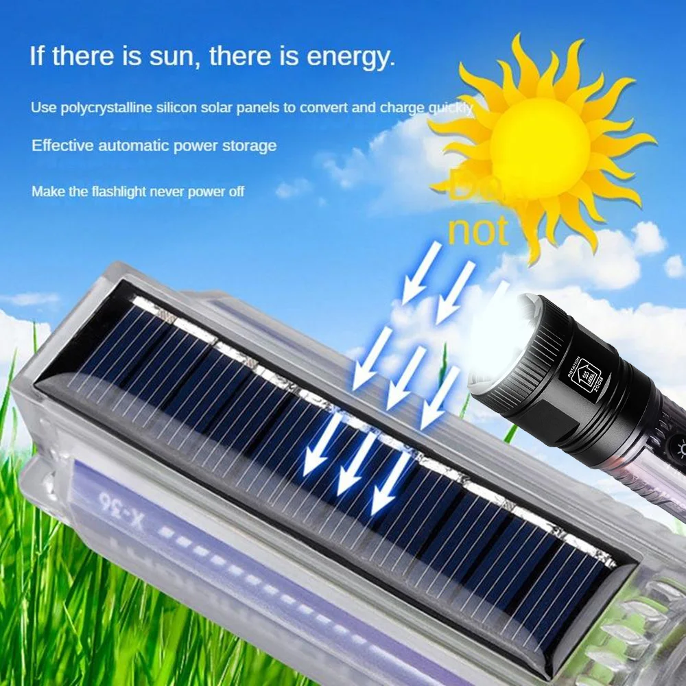 Solar USB Rechargeable Lantern Powerful LED Flashlight Long Range Spotlight Tactical Torch Strong Light Warning Lamp Outdoor