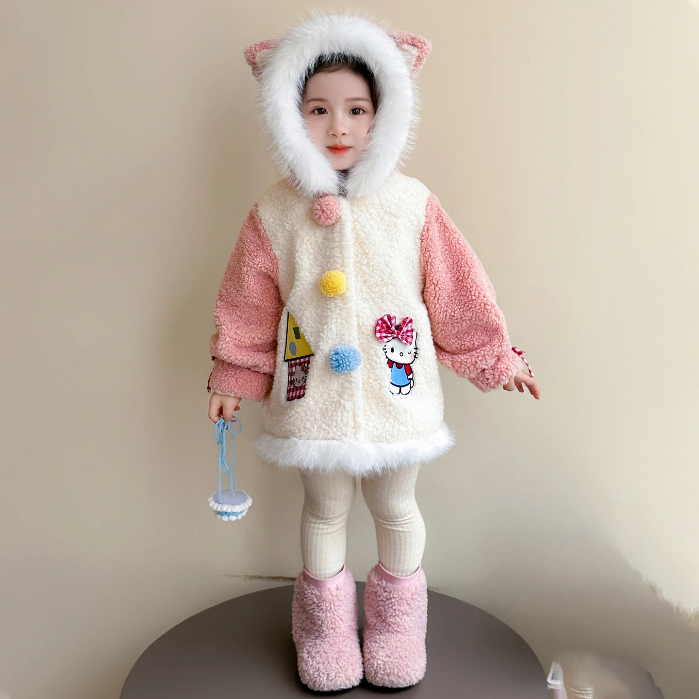 

Girls' Lamb Fleece Hooded Jacket Children's Pink Cartoon Single Breasted Warm Coat Autumn Winter Patchwork Thickened Overcoats