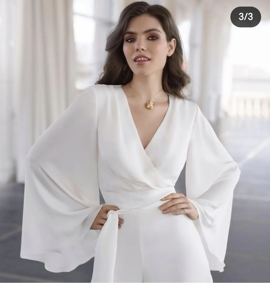 カスタマイズする 2025 A ラインのウェディングドレスパンツソフトシフォン V ネック長袖女性見事なローブジャンプスーツ Vestidos d