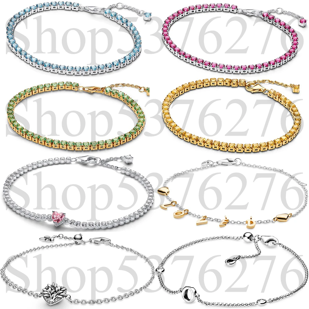 

925 Sterling Silver Light Blue Pink Green Yellow Heart Family Tree Fashion Tennis Bracelet For Women Bead Charm Gift DIY Jewelry