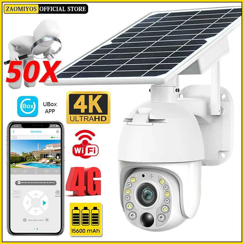 

Solar Energy Outdoor Surveillance Camera 4G SIM 50X ZOOM PIR Detection Night Vision aCCTV Powered Wifi Security IP Monitor Cams