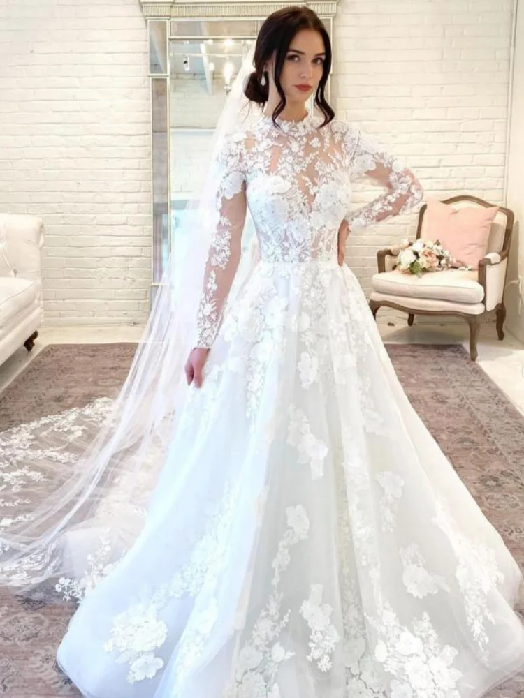 

Custom 2025 Women's Elegant A-Line Long Sleeve High Collar Lace Embellished Long Tailed Wedding Dress