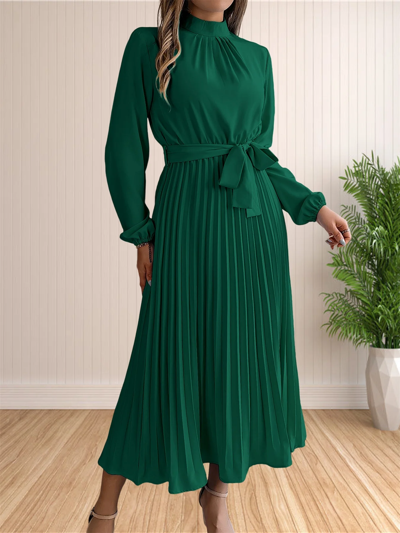 Women's Long Dresses Summer Elegant Pleated Long Sleeveed Lace Up Dresses Beach Boho Wrap Ruffle Hem Swing Sundress