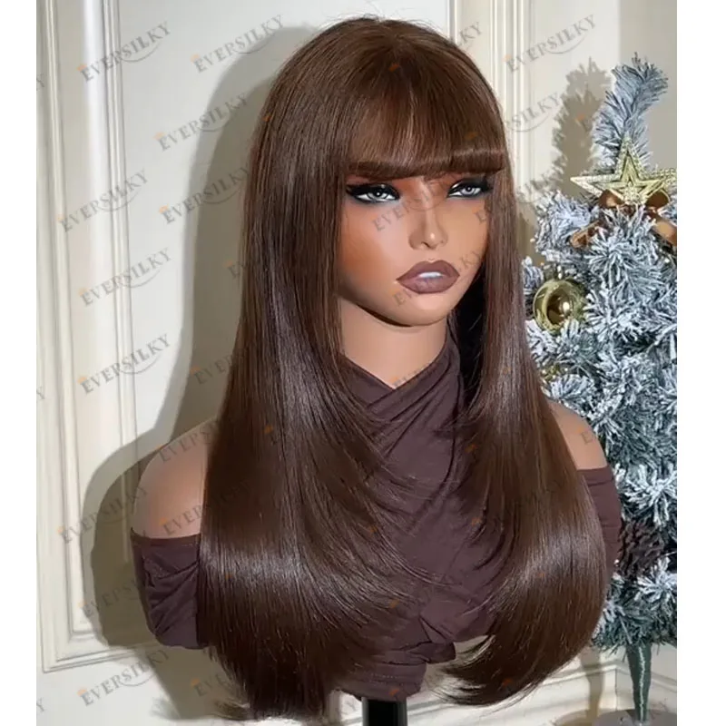 

Каштаново-коричневый мягкий шелковистый прямой парик из натуральных волос 13x6 с кружевной передней частью для чернокожих женщин, легко надеваемый, с естественной челкой, без клея, самый дешевый парик