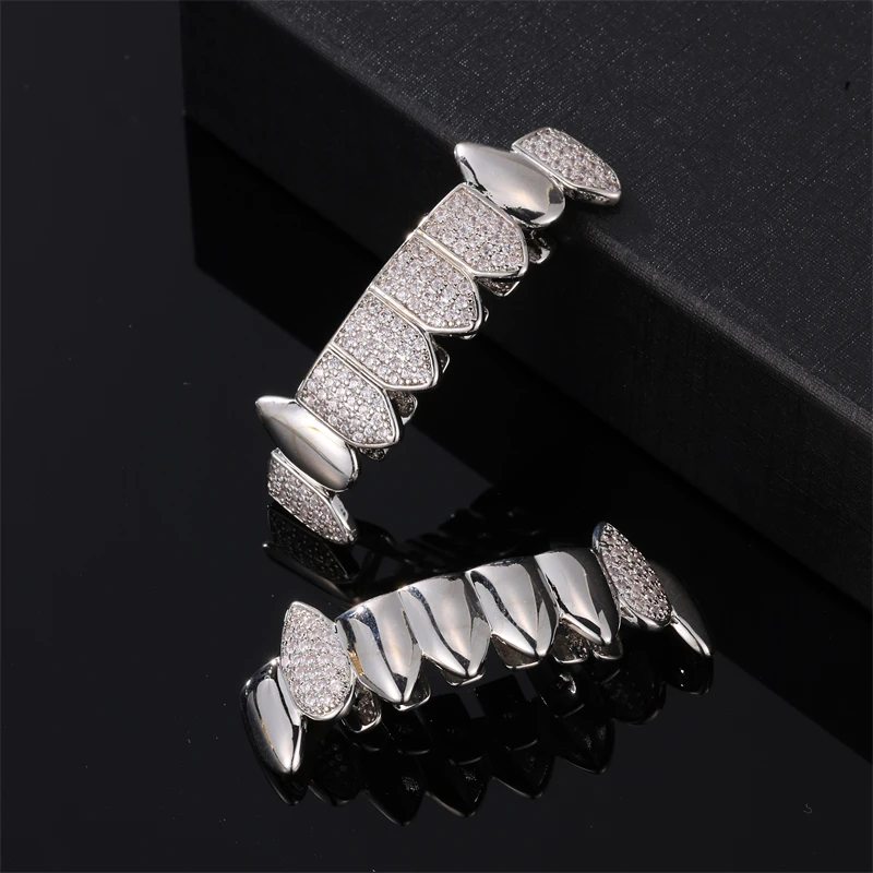 D&Z Hip Pop Bling Cubic Zircon Vampire Teeth Grillz Set For Men Women Gold Silver Color Removable Dental Fashion Jewelry