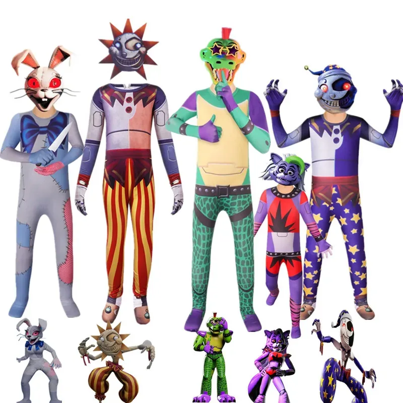 

Five Nights Freddyed Costume Party Cosplay Costumes FNAF Sun clown cos Jumpsuit Halloween Costume For Kids Anime Sundrop