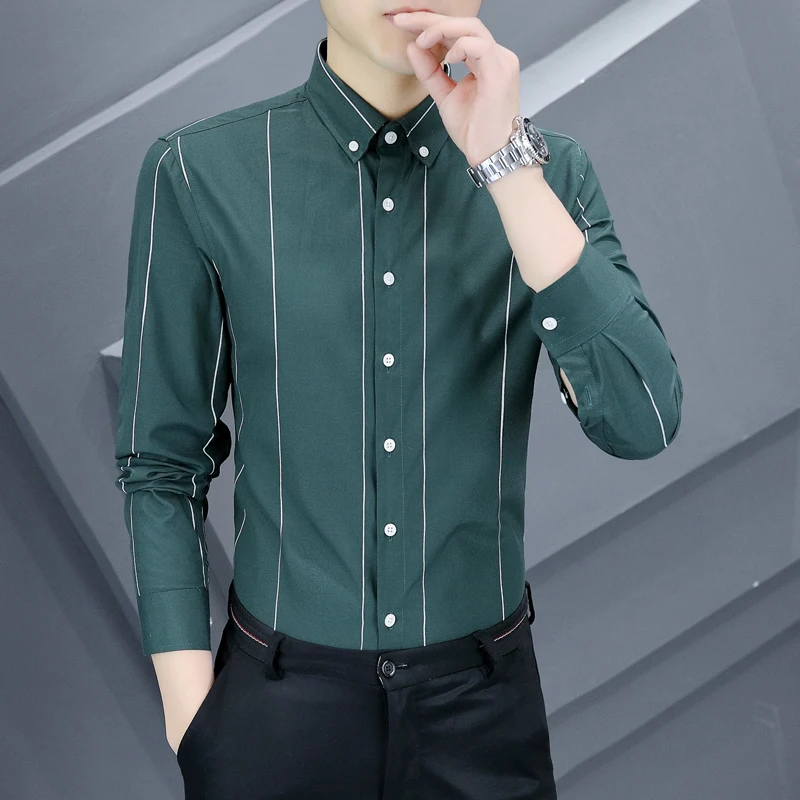 

Men's Stripe Contrast Color Slim Fit Long Sleeve Shirt Korean Fashion Youth Business Luxury Dress Shirs for Men Blouse A22