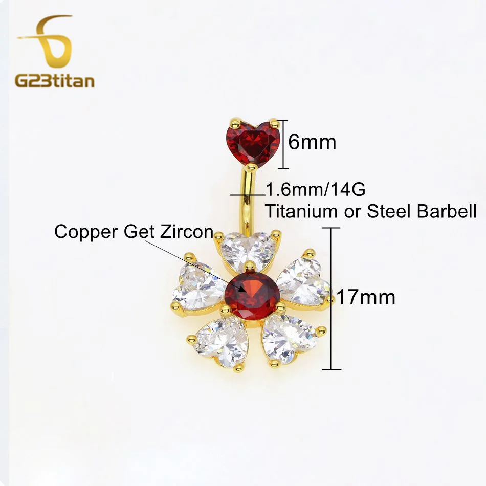 G23titan Red Zircon Flower Belly Button Ring 14G Surgical Titanium or Steel Barbell Bar Piercing Women Accessories Navel Jewelry