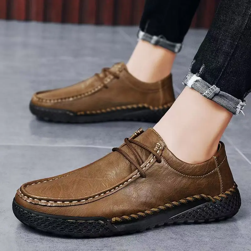 

Men's Spring Autumn New Leather Big Size Casual Shoes Soft Sole Non Slip Low Top Lace Up Lightweight Flat Sole Driving Shoes