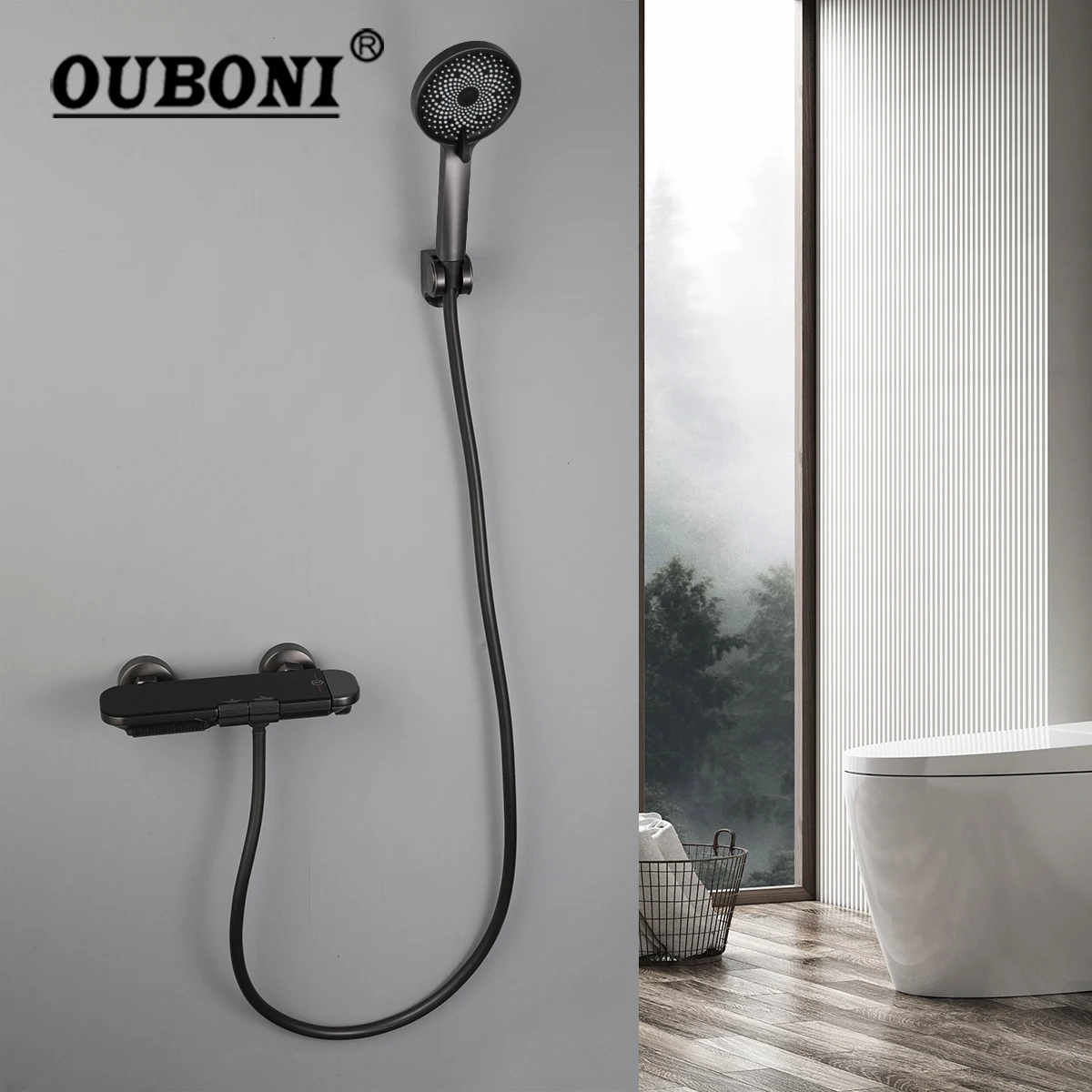 OUBONI-sistema de ducha de baño gris, pistola moderna, juego de grifo de ducha montado en la pared, combinación de grifo de ducha mezclador frío y caliente de 2 funciones