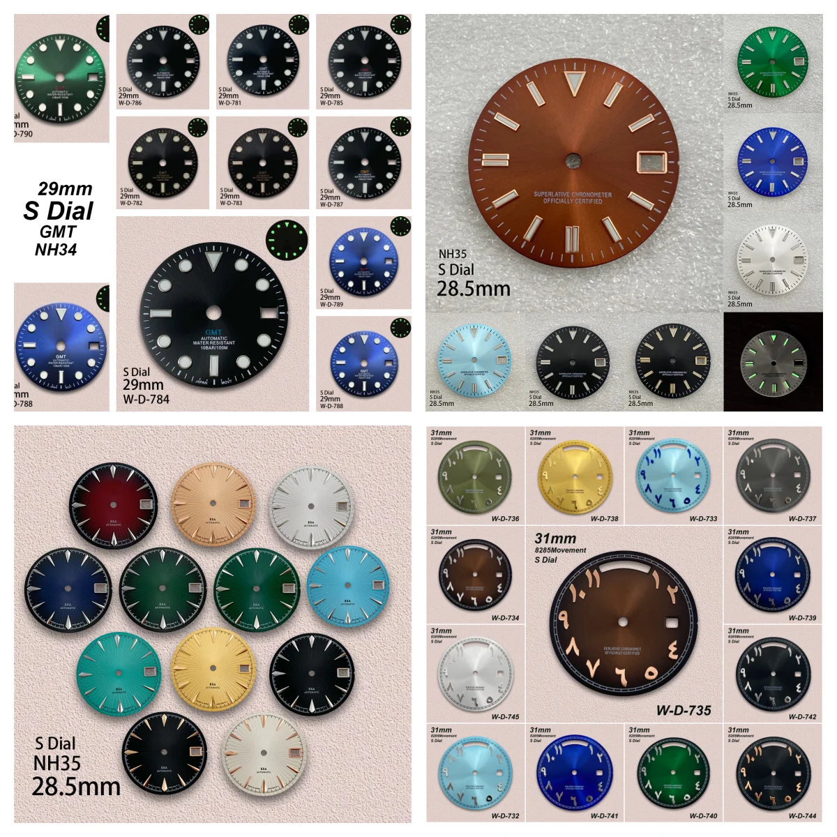

28.5/29/31mm S Logo Day And Date/Arab/GMT Dial Fit NH35/NH36/NH34/8285 Movement Green/No Luminous Watch Modification Accessories