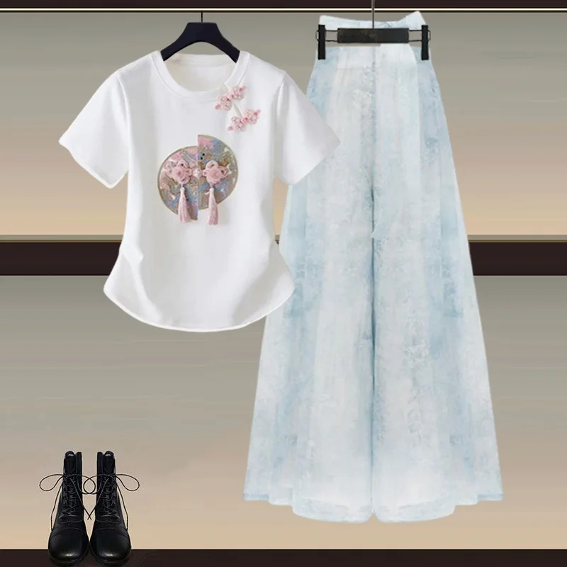 

New Chinese Style Women's Fashion Set Summer Hanfu Modified Button Top Wide Leg Pants Slimming Two Piece Set T-Shirt Material