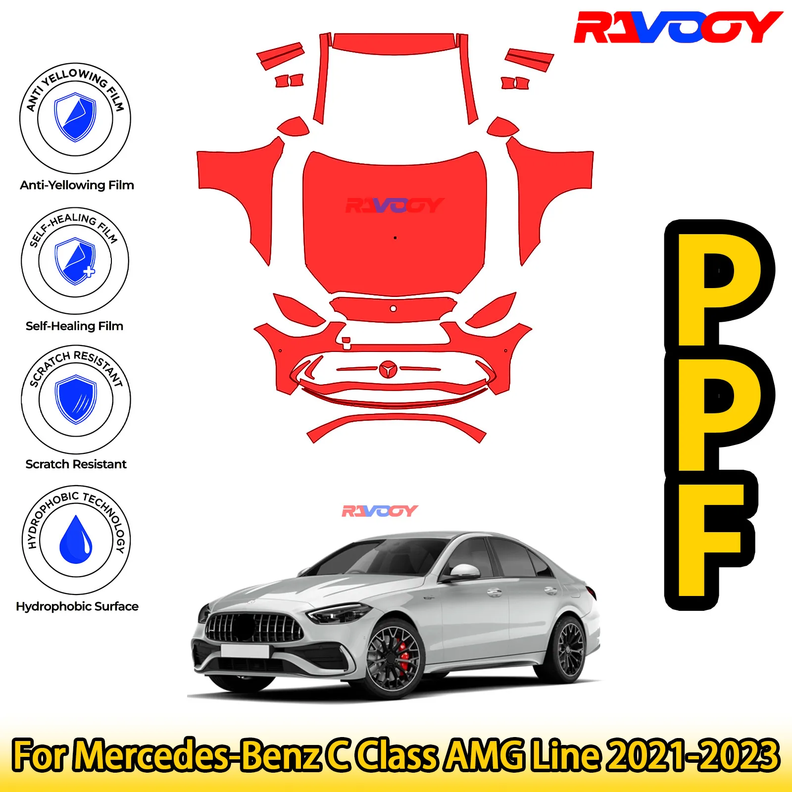 

For Mercedes-Benz C Class AMG Line 2021-2023 Glossy Matte Black Precut front PPF Kit Paint Protection Film