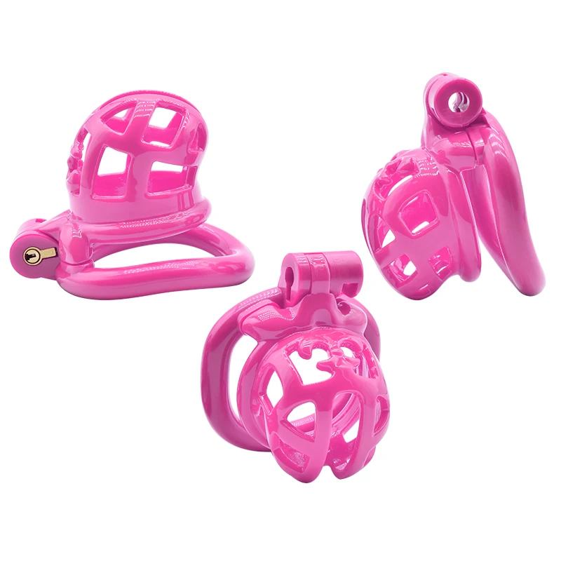 FRRK Pink Plastic Chastity Cage with 1.65inch 1.77inch 1.89inch 2.04inch Penis Rings for Adult Men BDSM Games Sex Pleasure