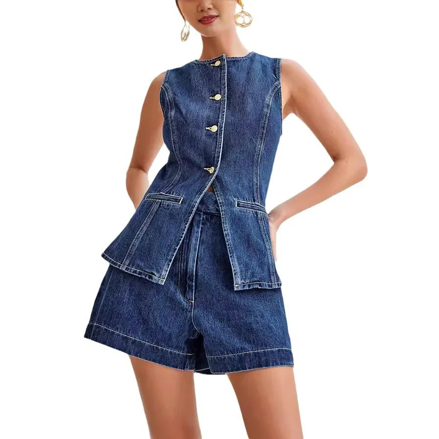 Denim Short Sets Single Breasted Sleeveless Vest Two Pieces Pockets Zipper Fly Shorts Loose Solid Washed Vintage Basics