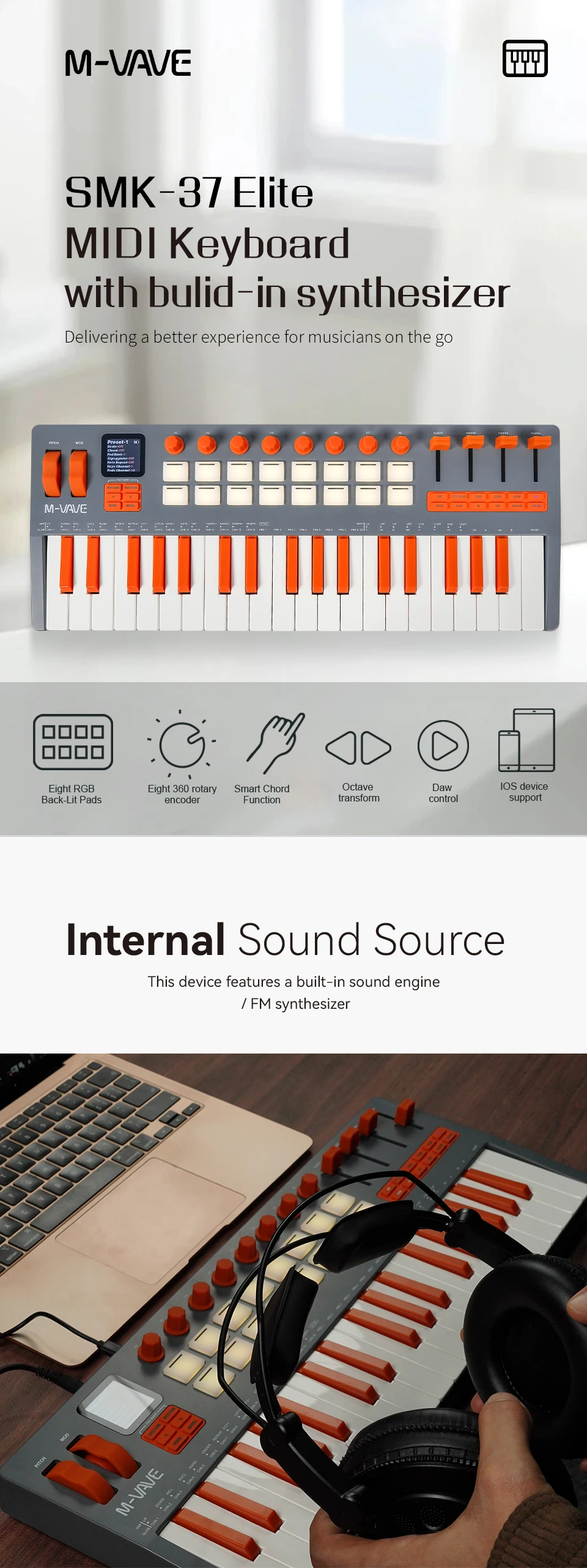 M-VAVE SMK-37 Elite Wireless MIDI Keyboard - 16 Pad, 8 Encoders, Battery Powered, DAW & iOS Compatible