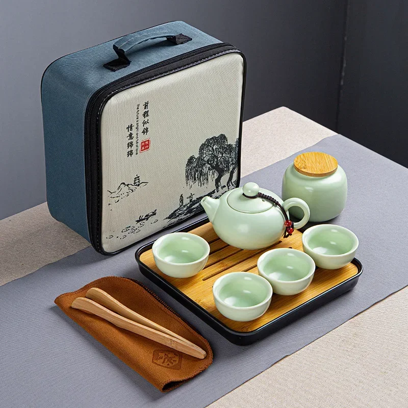 

Portable Chinese Tea Pot, Ceramic, Travel Kung Fu Tea Pot, Real Estate Companion Gift Box, Set of 6 Celadon Tray, Clay Caddy