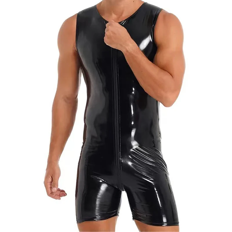 

Men PU Leather PVC Jumpsuits Lingerie Zipper Crotchless Latex Catsuits Fetish Sleeveless Fitness Bodysuits Gay Naughty Costumes