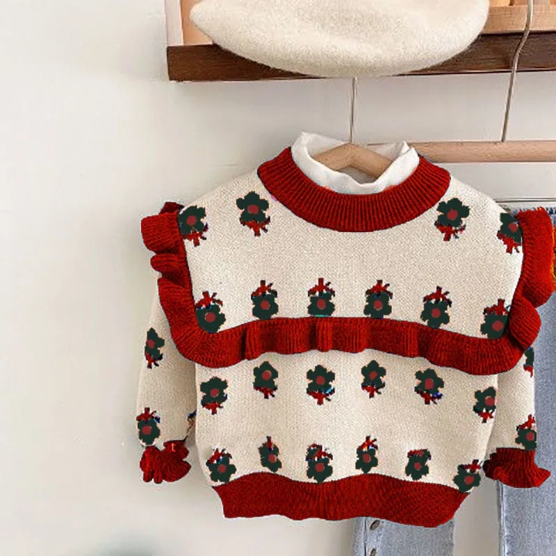 Autumn and Winter Girls Pullover Round Neck Patchwork Printing Folds Screw Thread Fashion Casual Elegant Long Sleeve Sweater