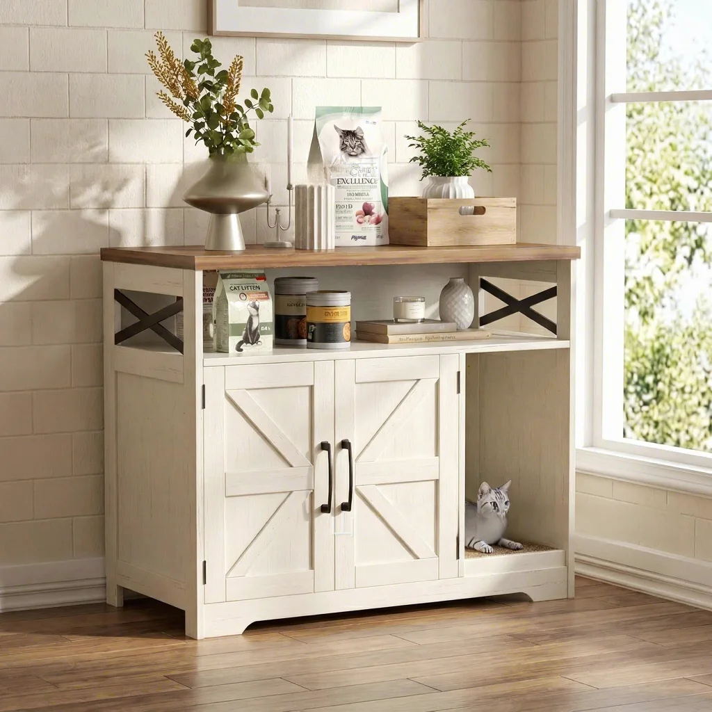 Wooden Dog & Cat Litter Box Cabinet Combo with Splash Guard Easy Clean Hook Loop Closure