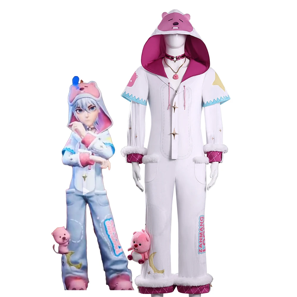 

Allen Fluffy Showdown Outfit Cosplay Set White Jumpsuit with Hoodie Pind Small Bear Printed Prop Costume for Man Halloween Suit