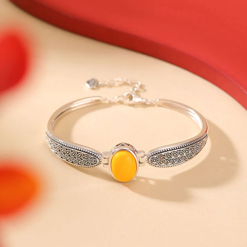 S925 فضة شمع العسل نمط الأسنان المجوفة القمح البيضاوي سوار المعصم الدائري