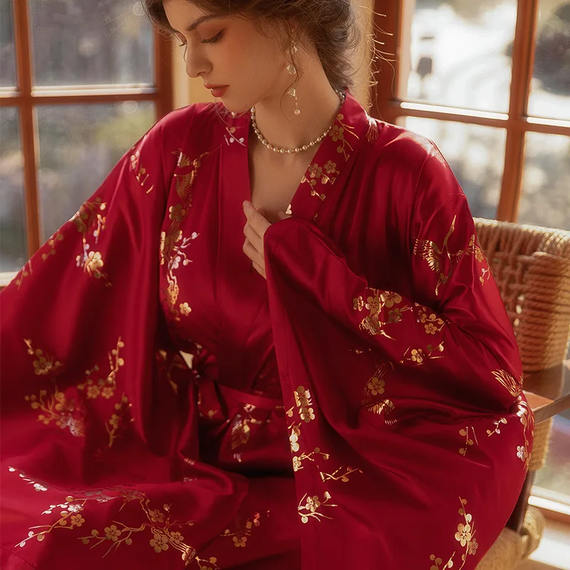 Luxury Burgundy Kimono Robe Women Wedding Bride Bathrobe Sexy Bronzing Flower Morning Dressing Gown Elegant Sleepwear Nightgown