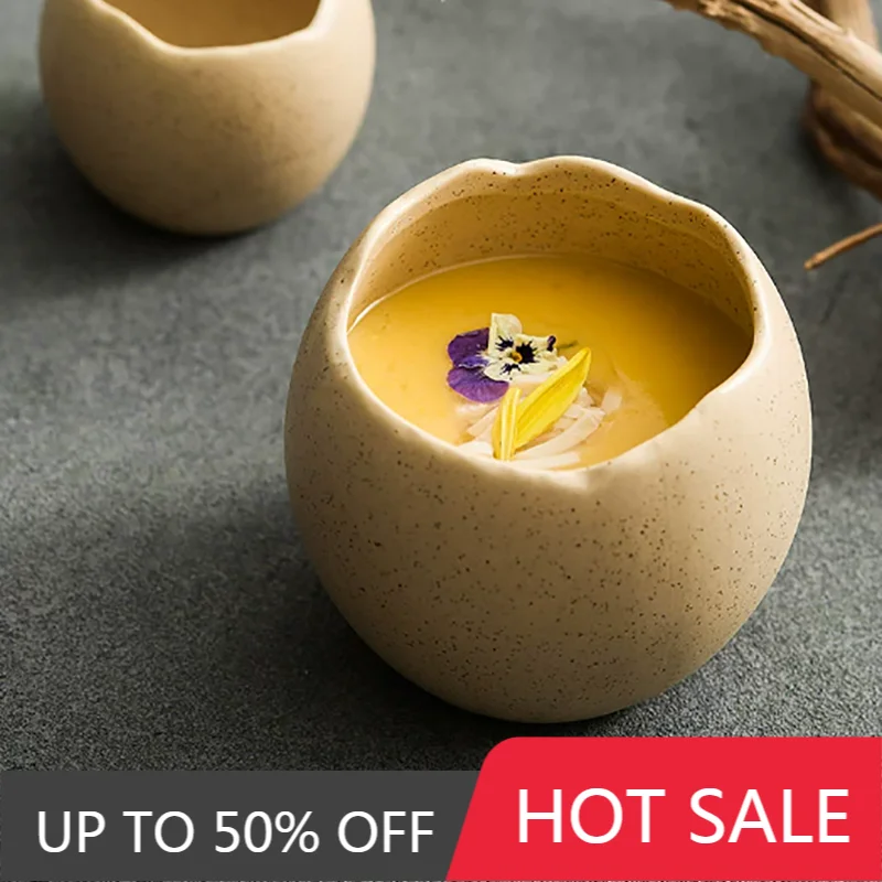Round Eggshell Ceramic Bowl For Home Steamed Egg Salad Dessert Bowl Creative Ceramic Cooking Breakfast Pastry Plate Tableware