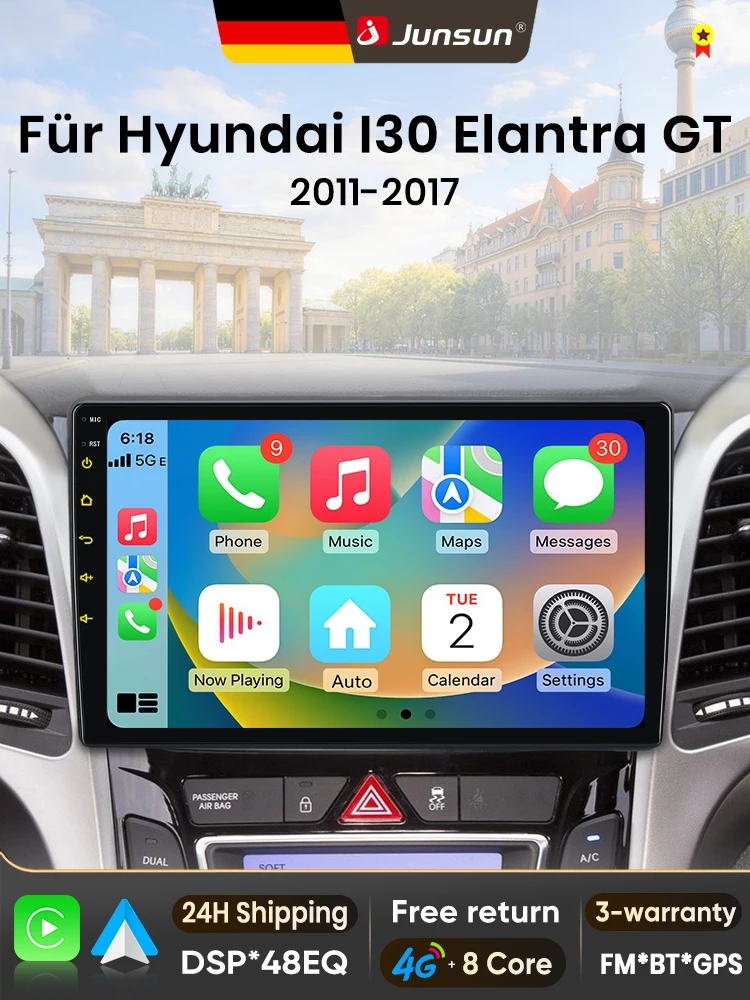 Junsun 9-Zoll Android 15 Autoradio für Hyundai i30 II Elantra GT 2011-2017, kabelloses Apple CarPlay, Auto-Bildschirm-Stereo-Multimedia-Videoplayer, intelligente Fahrzeugsysteme, 2-DIN