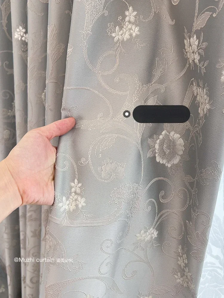 Custom Retro Lace Silver Grey Jacquard Pearl Stitching Luxury Curtains for Living Room Bedroom French Window Villa Blackout