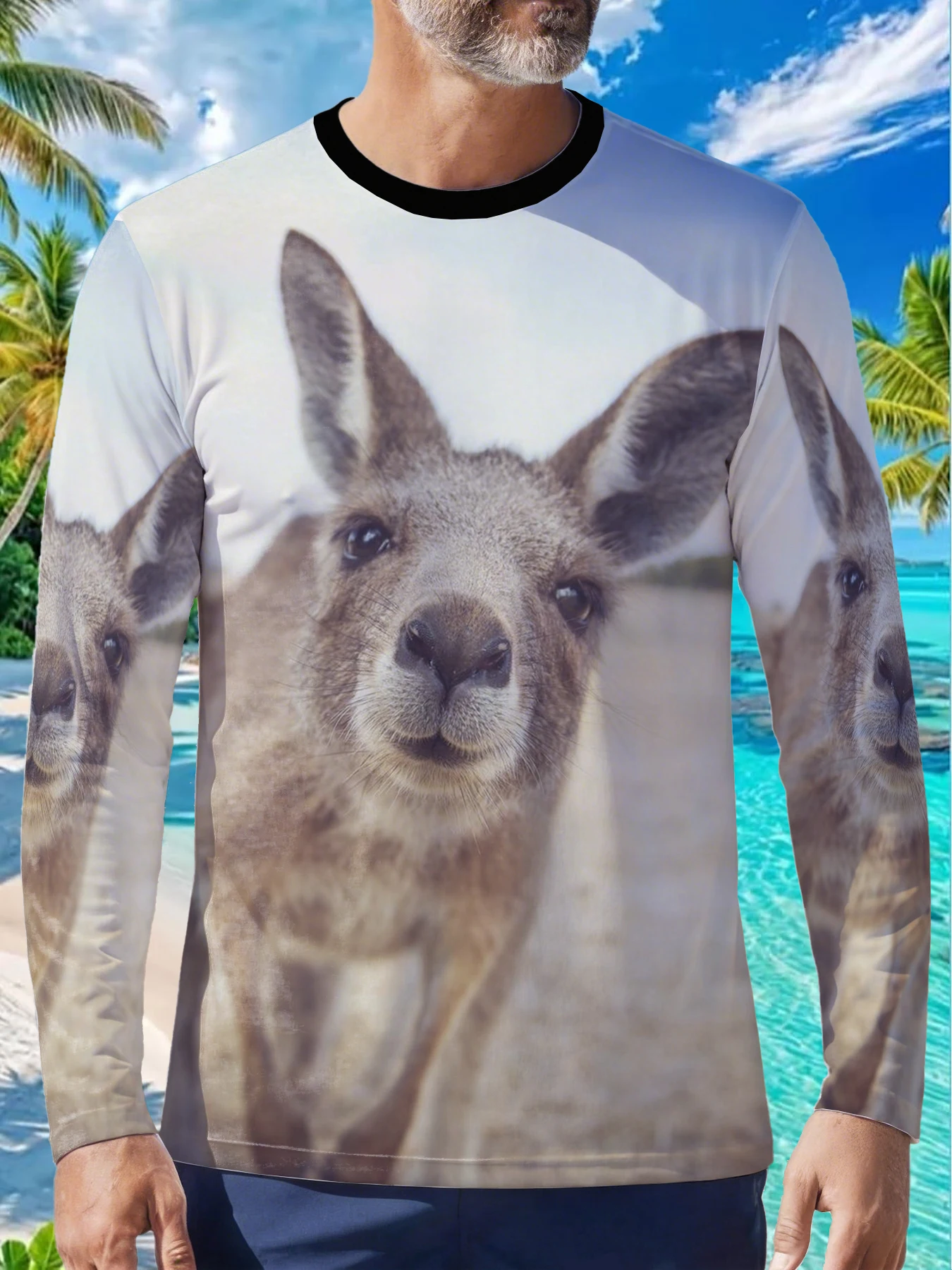 Cute Kangaroo Wildlife Animal Nature Mens Polyester Long Sleeve T Shirt Australian Outback Print Graphic Tee Casual Outdoor Comf