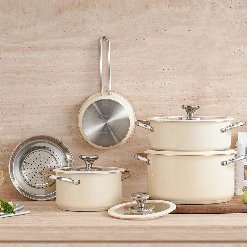 No Coating 304 Stainless Steel Non-stick Cookware Set 9 Pcs Double Ears Soup Pot Steamer Milk Pot Set with Glass Lid