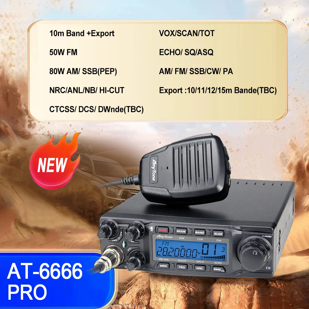 New AnyTone AT-6666pro 28-29.7MHz 80W High Power CB Radios Mobile Transceiver CW/AM/FM/USB /LSB/PA Mode 40CH Car Mobile Radio