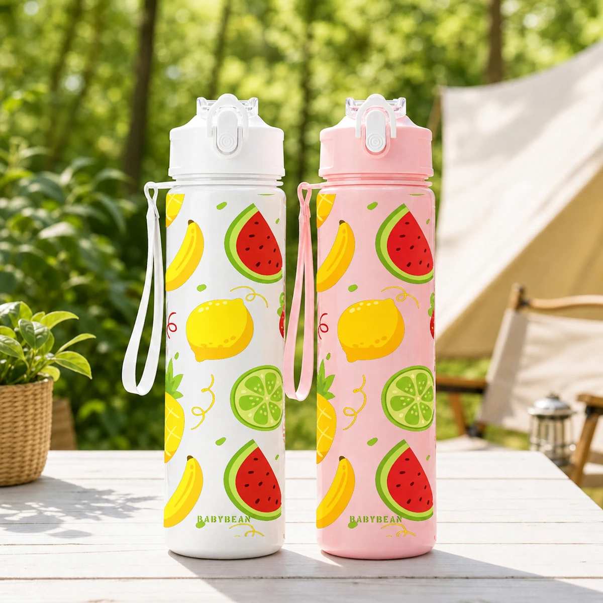 Cute Fruit Pattern Flip Top Plastic Water Bottle Leak Proof Portable Lanyard Drinking Tumbler Outdoor Sports Travel Gym School W