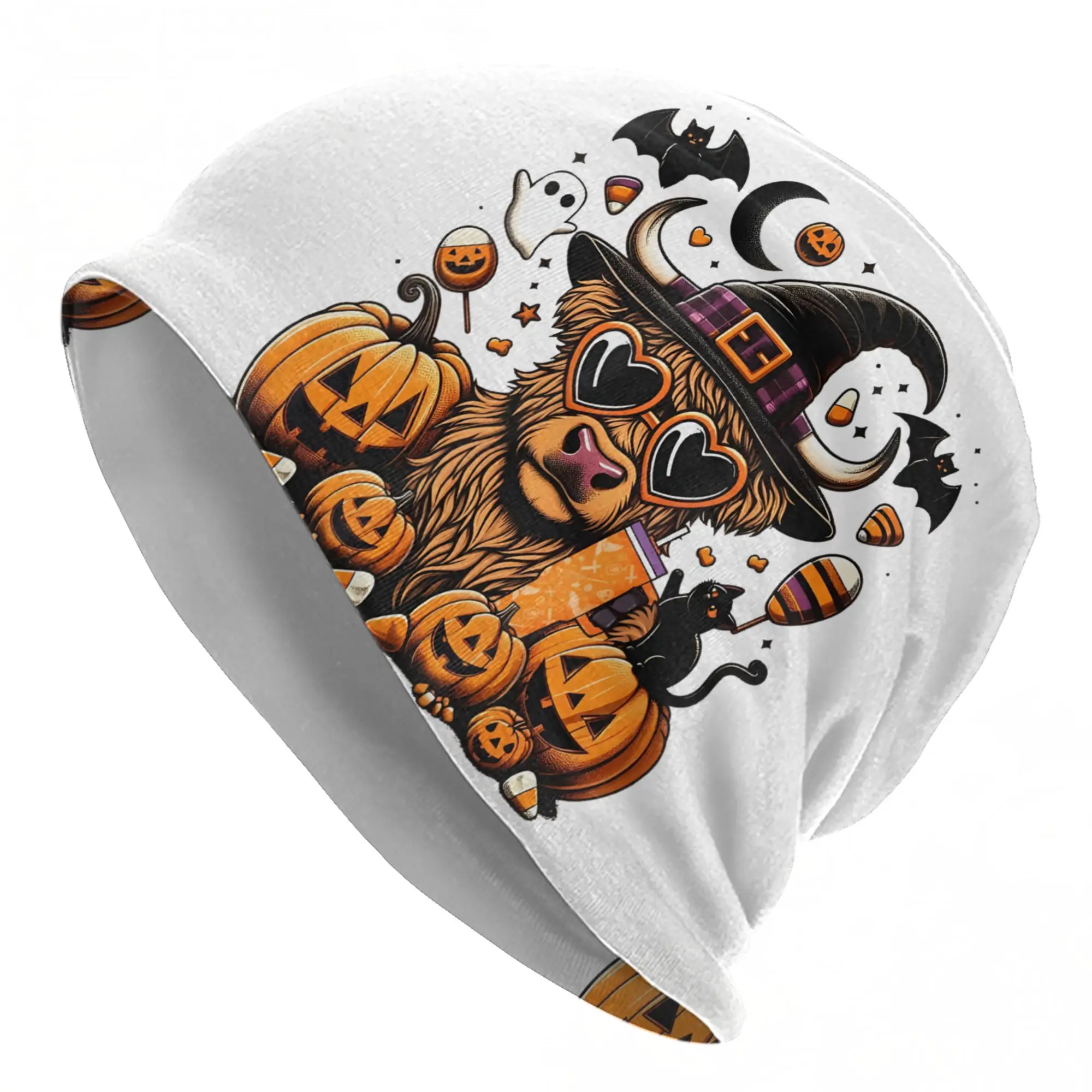 Halloween Highland Cow Bonnet Hat Outdoor Spooky Pumpkin Hello Fall Skullies Beanies Hats Unisex Warm Thermal Elastic Caps